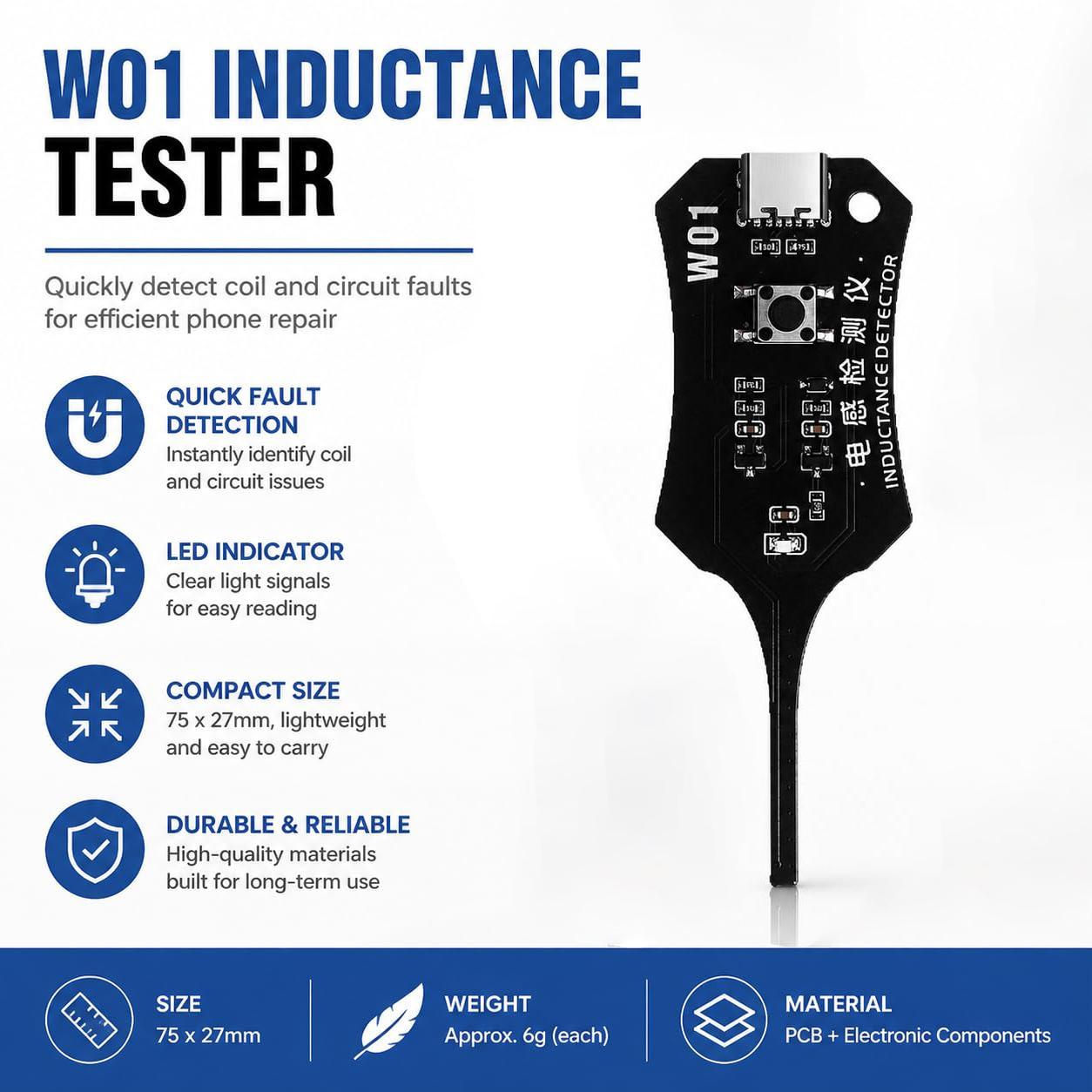 Co Detector Plug - เครื่องทดสอบความเหนี่ยวนำแบบ Type C รุ่น W01 เครื่องทดสอบคอยล์บนเมนบอร์ด
